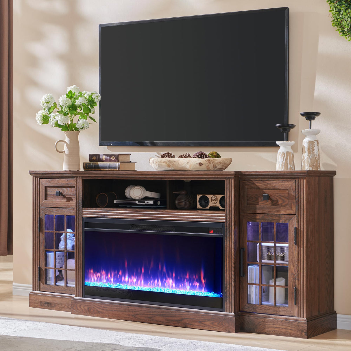 JXQTLINGMU Fireplace TV Stand for 80 Inch TV, Farmhouse Highboy Entertainment Center w/LED Lights & 36" Electric Fireplace, Large Media Console w/Glass Door Cabinet & Storage Drawer, Brown JXQTLINGMU