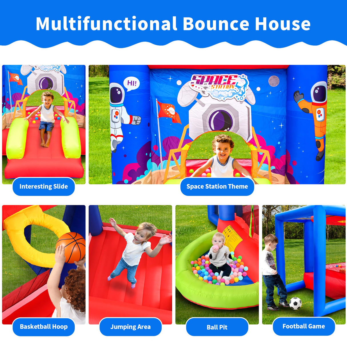 WELLFUNTIME Inflatable Bounce House with Slide, Jumping Castle with Blower for Kids Play House with Wave Pool WELLFUNTIME