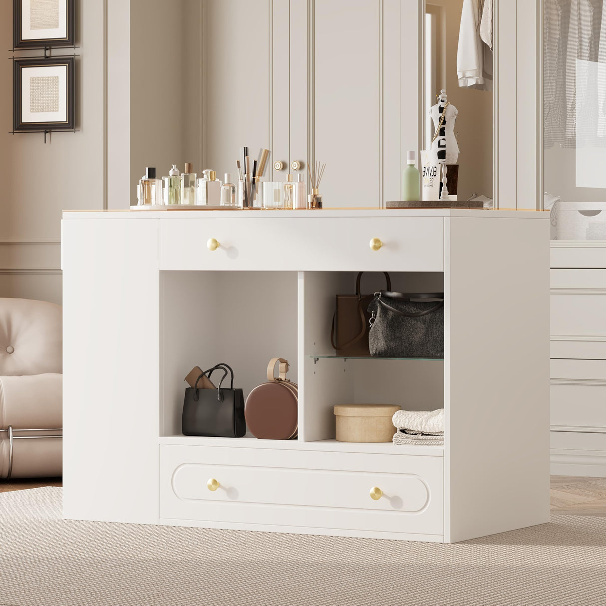 Merax Wood Closet Island with 6 Drawers 47.3" Wardrobe Armoire Bedroom Island with Glass Top and Open Shelves, Jewelry Storage Vanity Island with Compartments, Cloakroom Walk-in Closet Island (White) Merax
