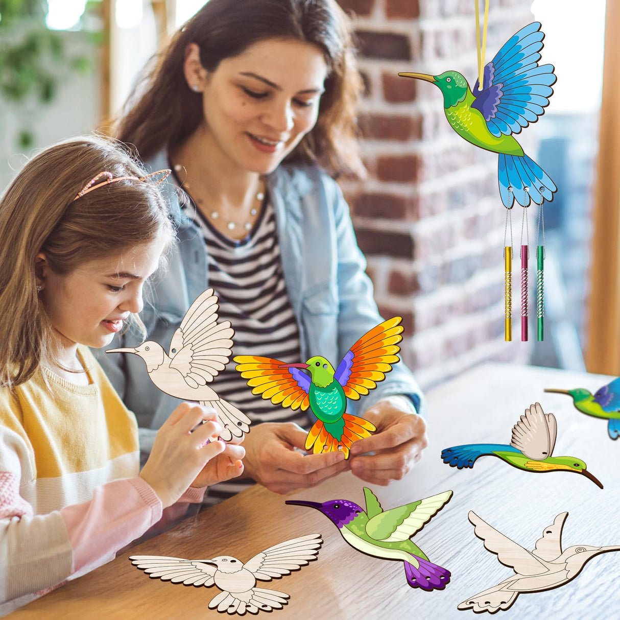 6 Pack Hummingbird Wind Chime Kit for Kids to Paint Make You Own Spring Wind Chimes Wooden Art Arts and Crafts Bird Ornaments Spring Smmer Party Decoration for Kids and Adults BAPHILE