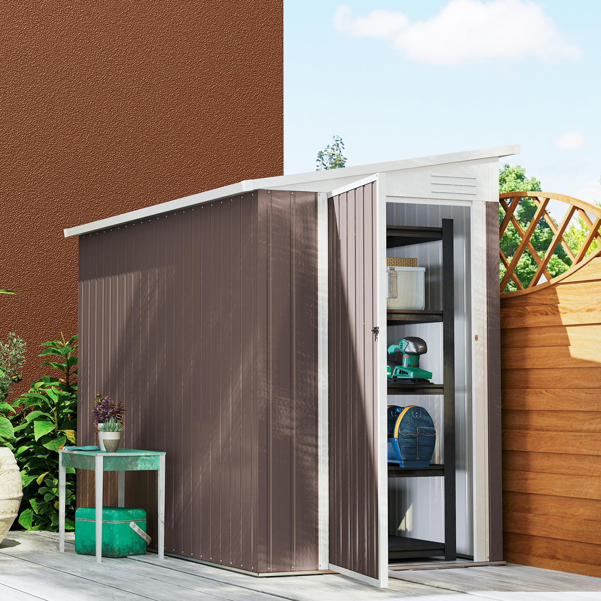 Outsunny 4' x 8' Metal Outdoor Storage Shed, Lean to Storage Shed, Garden Tool Storage House with Lockable Door and 2 Air Vents for Backyard, Patio, Lawn, Brown Outsunny
