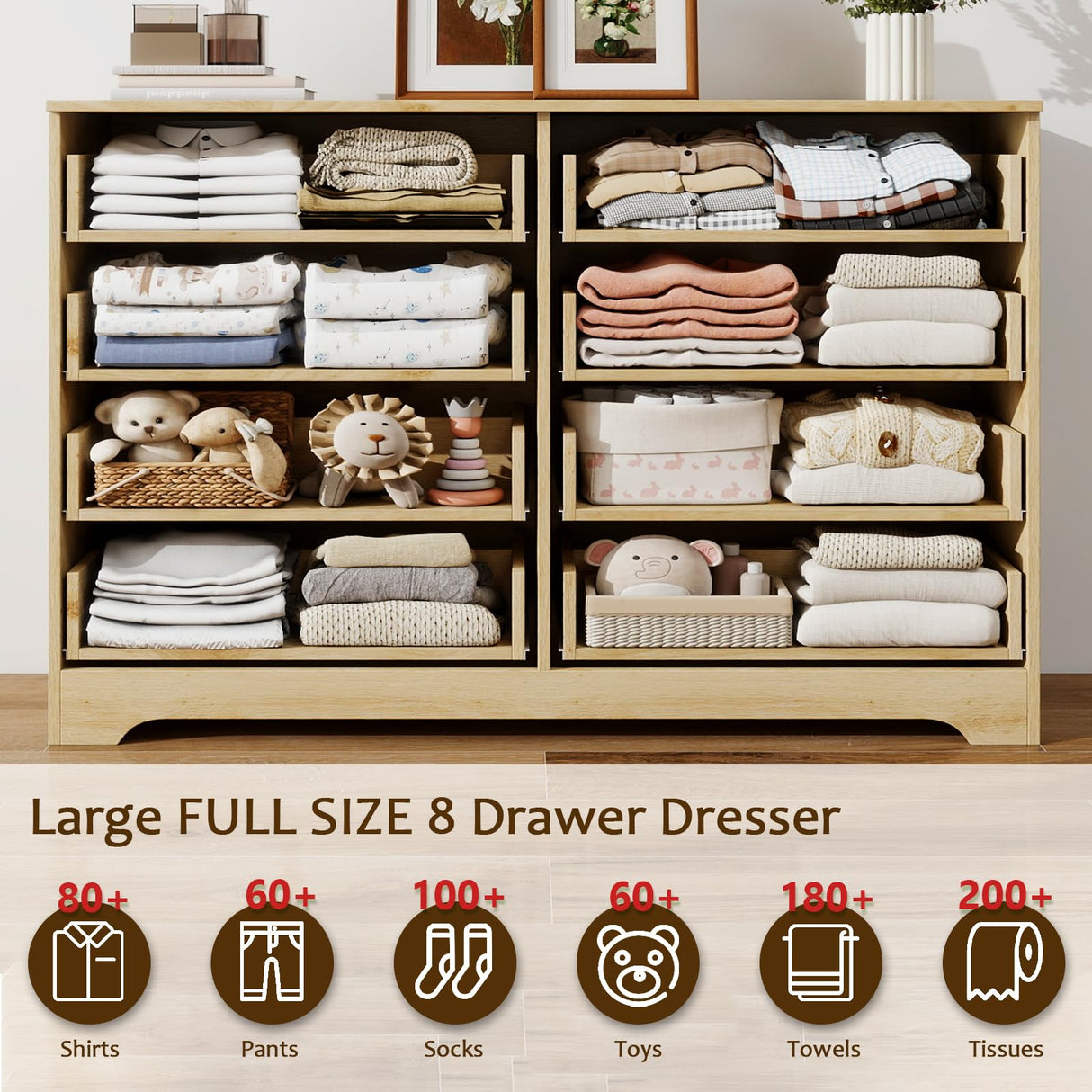 HOPUBUY 8 Drawer Dresser for Bedroom, Rattan Modern Closet Dressers Chest of Drawers, Boho Wood Double Wicker Dresser Storage Closet for Bedroom, Living Room, Entryway (Natural) HOPUBUY