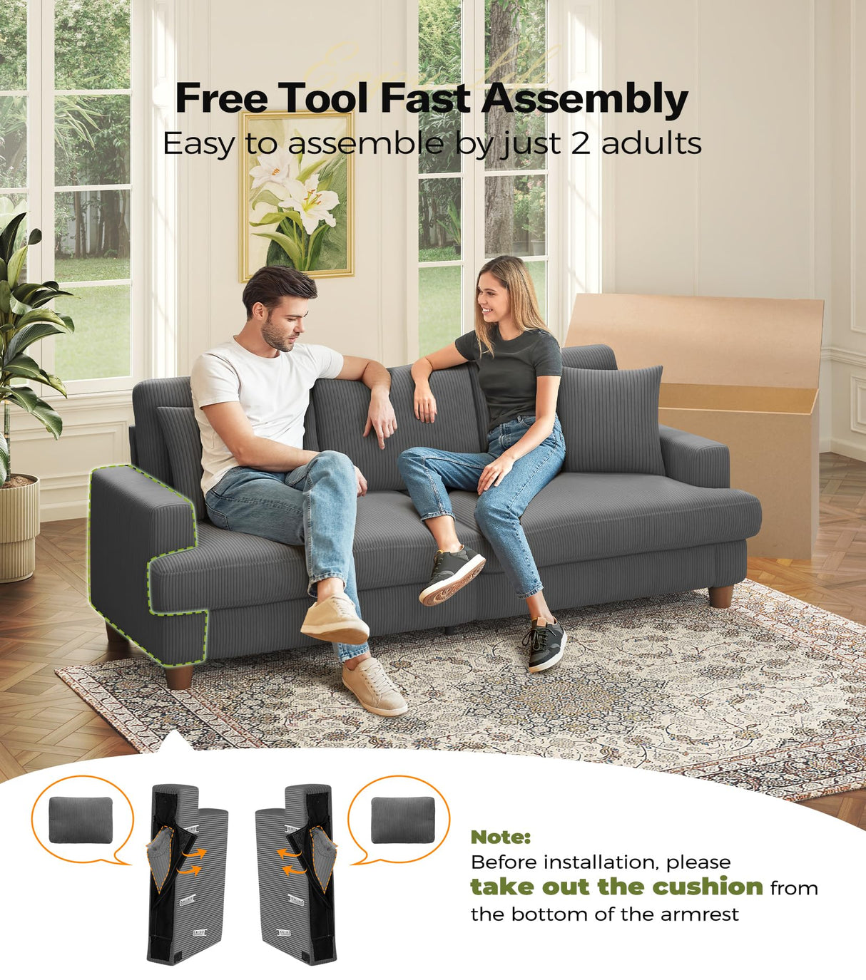 Kidirect 87in Corduroy Couch, Sofas for Living Room No Tool Assembly, Comfy Couches for Living Room 21in Deep Seats, Oversized Loveseat Sofa with 2 Pillows, 3 Seater Couch for Bedroom,Grey Sofa Kidirect