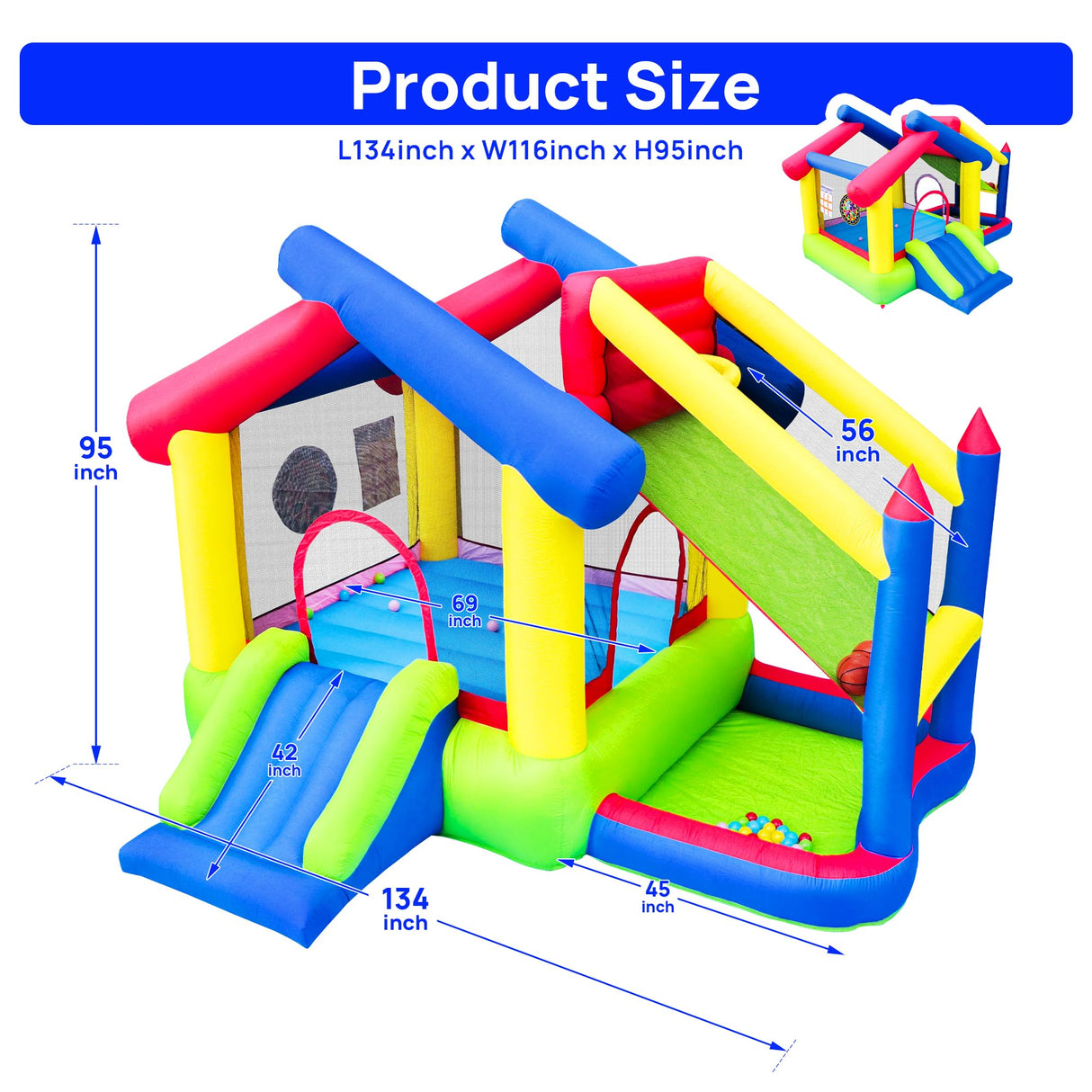 WELLFUNTIME Inflatable Bounce House with Slide, Jumping Castle with Blower and Ball Pool, Basketball Game, Dart Target Game WELLFUNTIME