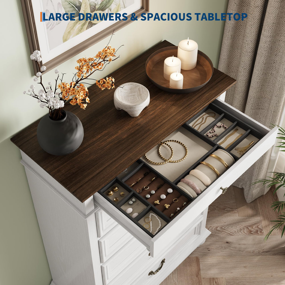 IDEALHOUSE Farmhouse Tall Dresser for Bedroom with 7 Drawers, 50" Tall Large Wood Chest of Drawers with Jewelry Storage for Bedroom, Living Room, Hallway, White IDEALHOUSE