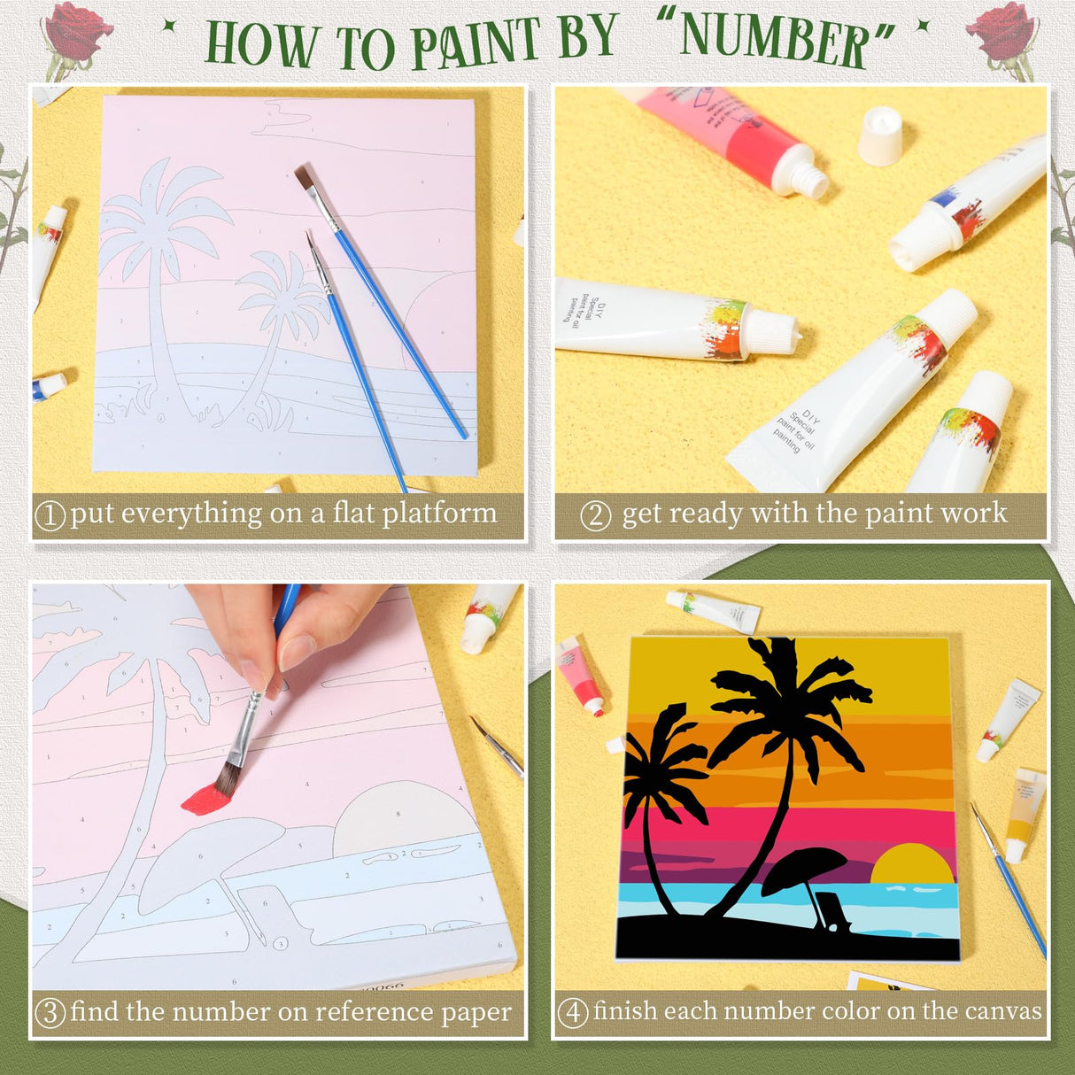 Nezyo 12 Sets Paint by Numbers Kit with Frame for Adult Beginners, DIY Acrylic Paint by Number Canvas for Painting Party, Classroom Activity Birthday Gift, 8 x 8 Inch Nezyo