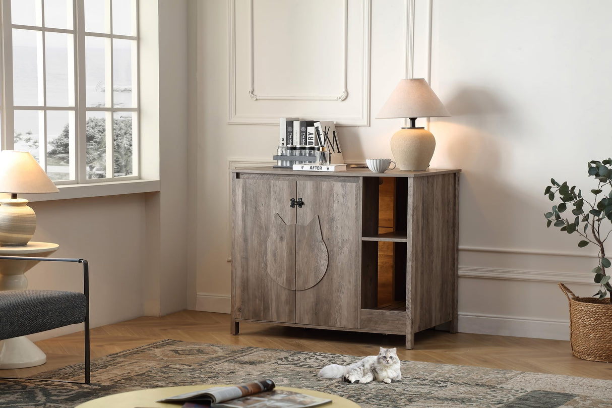 FOREST GRAVITY Cat-Faced Doors Cat Litter Robot Enclosure,Automatic Litter Box Enclosure for Litter Robot 3/4,Power Outlet for Litter Robot Cabinet,Litter Collector,Dog-Proof Adjustable Shelf,Grey FOREST GRAVITY