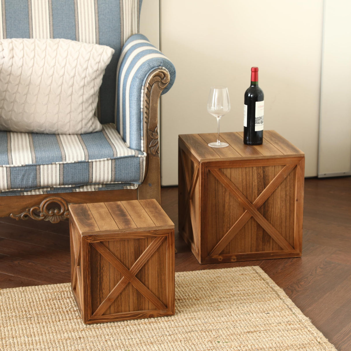 COLLECTIVE HOME - Wood Storage Ottoman, Rustic Storage Stool, 2 Pack Cube Seat Foot Rest Stool, Accent Side Table, Metal Storage Bin for Living Room Furniture, 16"/12" (Wood, barn Door) COLLECTIVE HOME