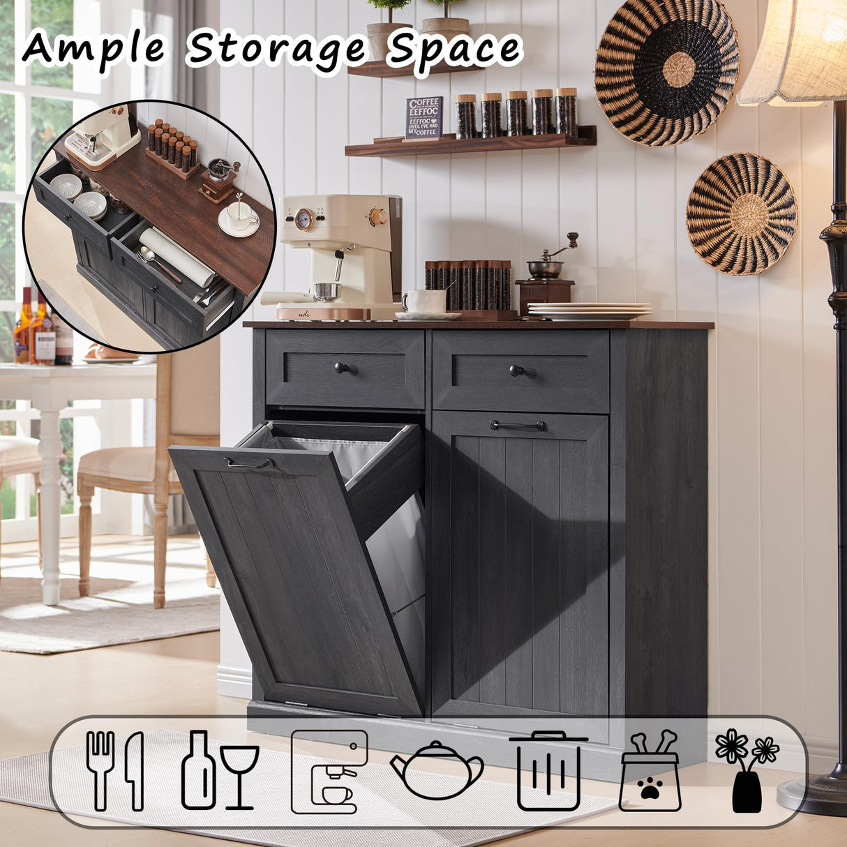 IFGET Double Tilt Out Trash Cabinet, Dog Proof Trash Can Cabinet, Farmhouse Hidden Laundry Hamper Cabinet with Barn Door, 10 Gallon Garbage Can Bin Cabinet with Storage Basket for Kitchen (Dark Grey) IFGET