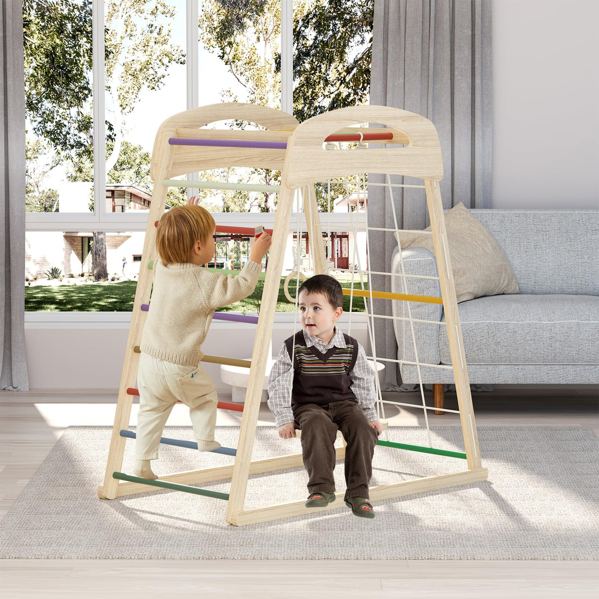 HSSZXFR Indoor Playground for Kids 3-8 Years Old, Jungle Gym Toddler Playset Wooden, Toddler Indoor Play Kids Climbing Gym with Swing, Rope Wall Climber, Pull Tab HSSZXFR