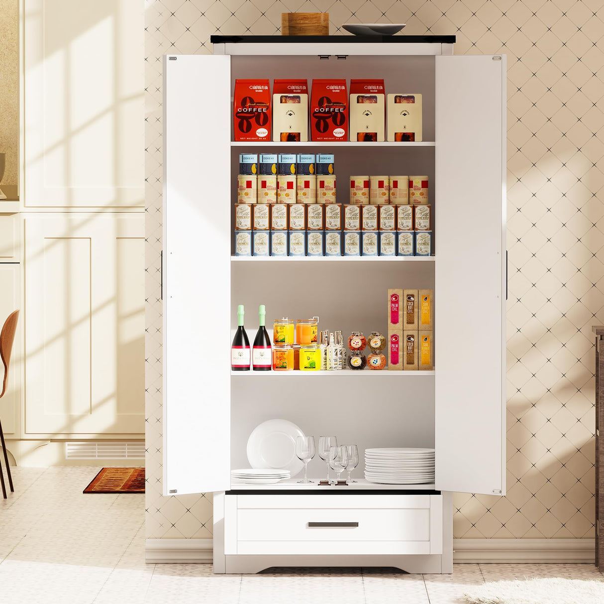 72" Tall Farmhouse Kitchen Pantry with Drawer and 4 Shelves, Large Wood Kitchen Storage Cabinets with 2 Barn Doors & Drawer, Versatile Storage for Dining Room, Bathroom, Antique White Brelley