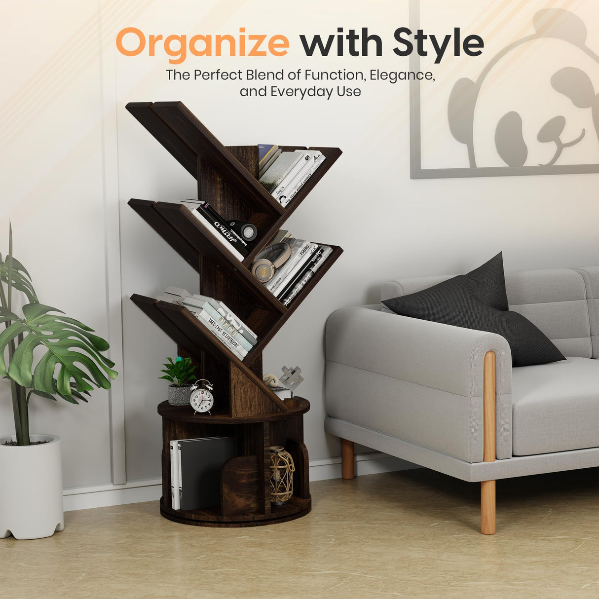 UniRodea Rotating Bookshelf Tree, 5 Tier Space Saving Narrow Bookcase, Unique 360° Spinning Tower, Premium Wood Corner Book Shelf for Kids or Office, Tall Standing Storage Organizer UniRodea