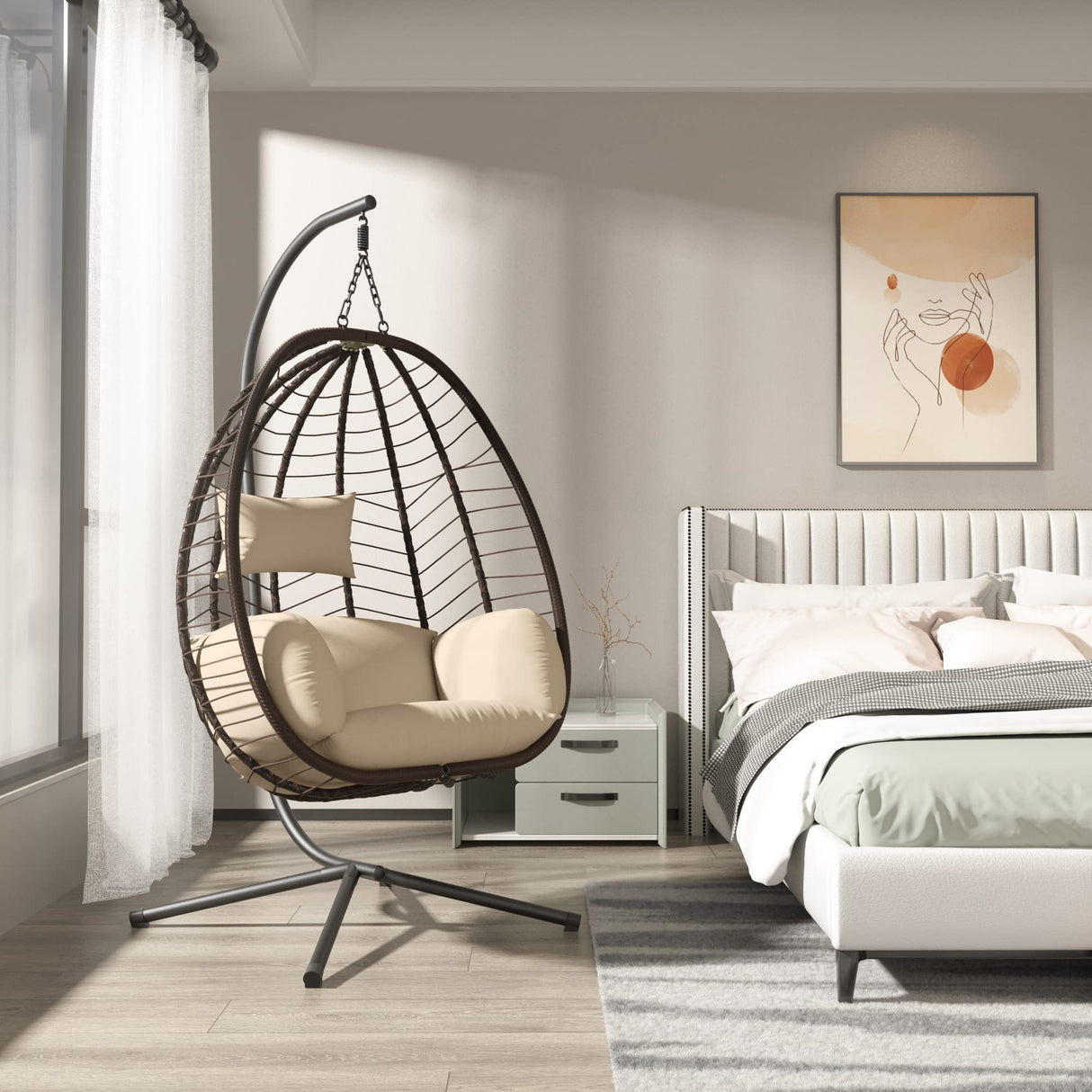 ALAULM Egg Swing Chair Outdoor Indoor Wicker Rattan Hanging Chair with Stand 350lbs Capacity w/Strong Frame & UV Resistant Cushions for Patio Balcony Bedroom (Brown) ALAULM