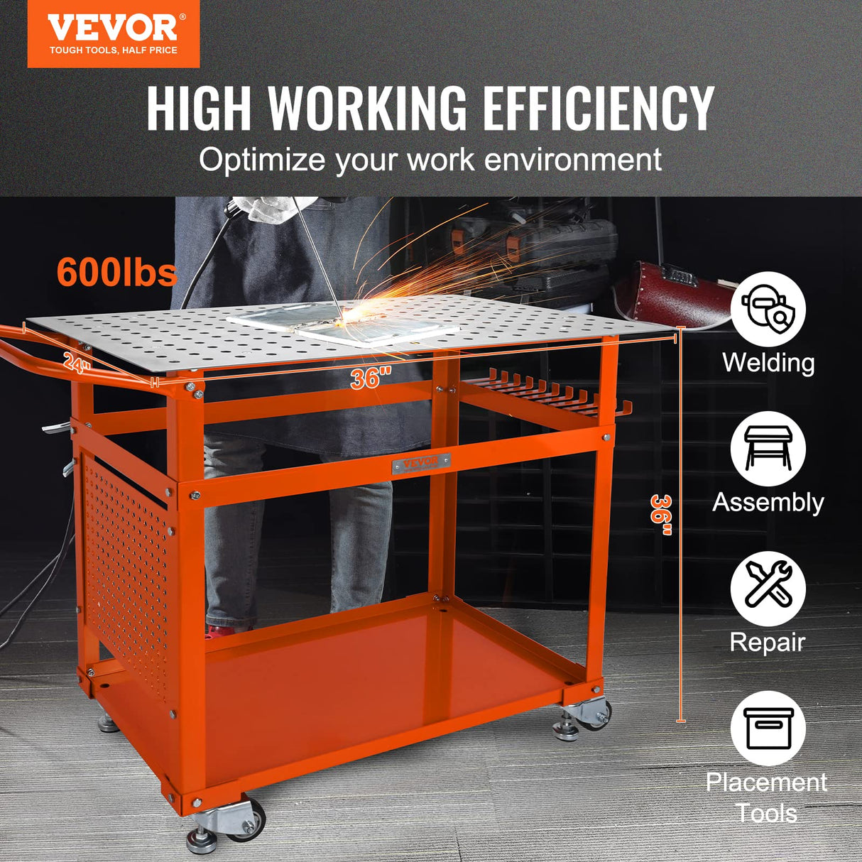 VEVOR Welding Table 36 x 24 -Inch, 600LBS Load Capacity Steel Welding Workbench Table with Wheels, Moveable Work Bench with Double-Layer Storage Board, 5/8-inch Fixture Holes, 11 Hooks VEVOR