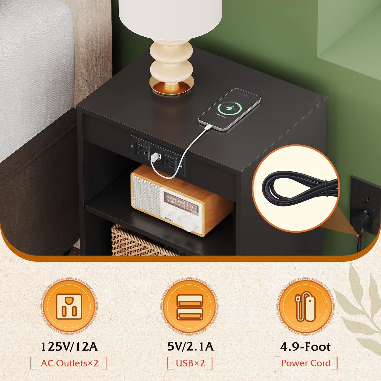 WLIVE Black Nightstand, Night Stand with Charger Station, Bedside Table, Side Table with Storage Shelf, End Table with USB Ports and Outlets for Bedroom, 15.12" D x 11.73" W x 23.74" H WLIVE