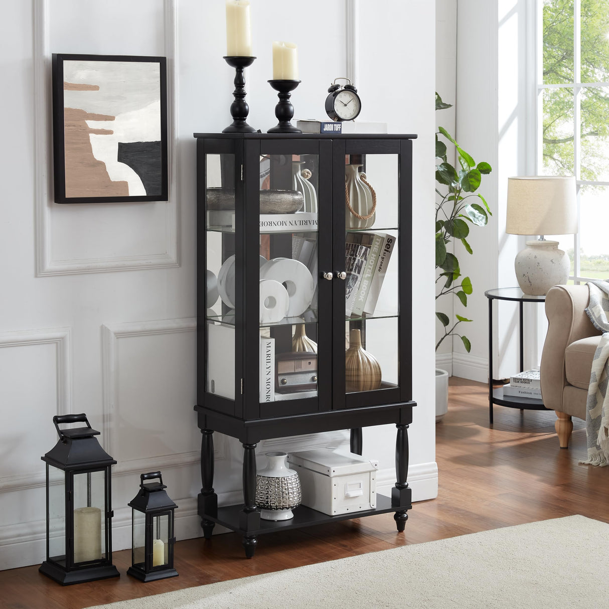 KEIKI Curio Cabinet, 48" H Lighted Glass Display Cabinet w/Adjustable Shelves, Acrylic Mirrored Back Panel, Tempered Glass Doors, Black (Bulb Not Included) KEIKI