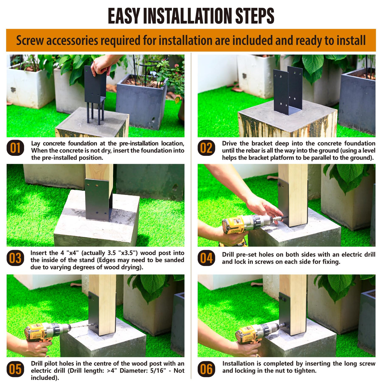 Wocepu 1 Pack Heavy Duty Stainless Steels U-Shape 4"x4"(Actual 3.5"x3.5") Wet Concrete Fence Post Holder, Psot Base, for Fence, Deck Railing, Pergola Wood Post Bracket Anchor (Dark Grey) WOCEPU