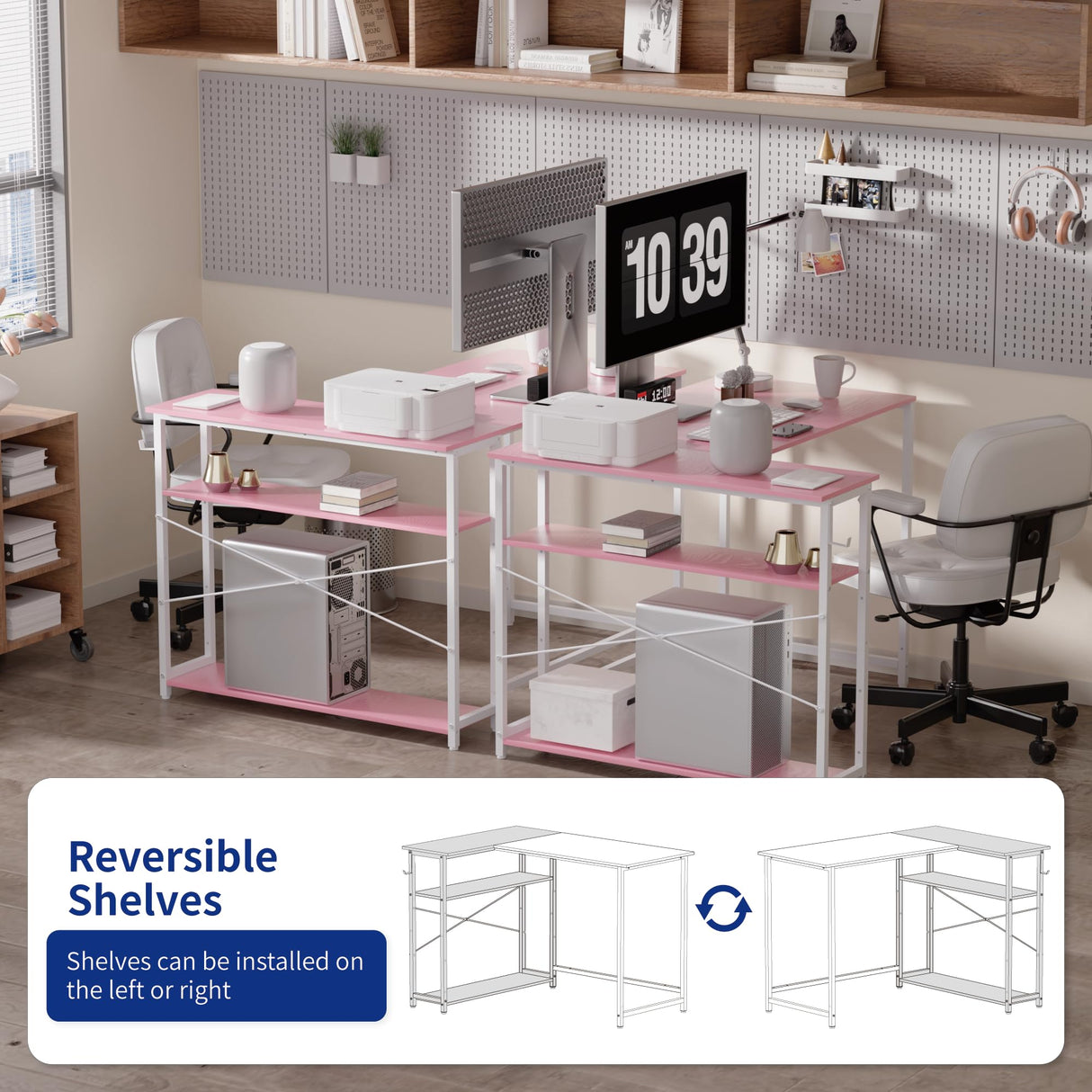 Pamray 43 Inch L Shaped Computer Desk with Reversible Side Storage Shelves, Small Corner Desk for Small Space Home Office,Writing Study Table PC Desk for Bedroom,Pink with White Leg Pamray
