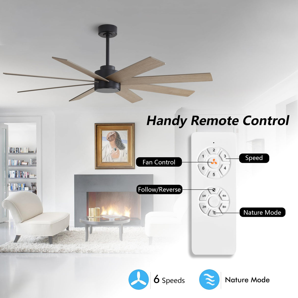 WINGBO 72" Large DC Ceiling Fans without Lights, 3 Downrods, 8 Plywood Blades, 6-Speeds Reversible DC Motor, Indoor Ceiling Fan No Lights for Bedroom Living Room Patio, Black and Gray WINGBO