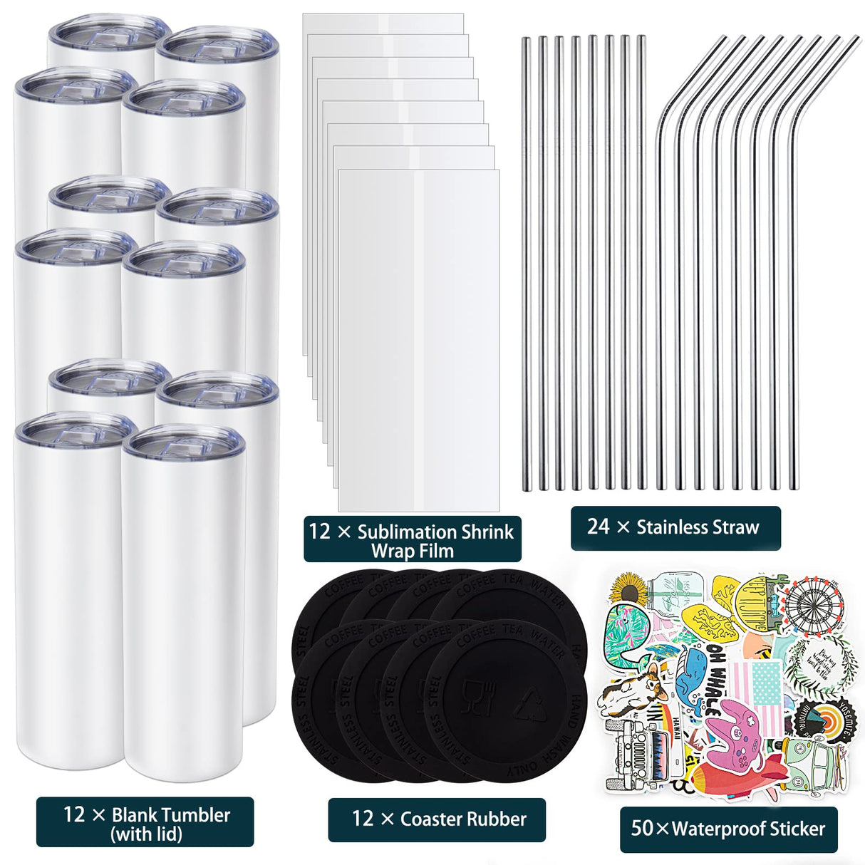 ROTERSTEIN 12 Pack 20 oz Sublimation Tumbler Set Double Walled Stainless Steel Skinny Straight Blank Tumbler Sublimation Cup with Lid, Straw, Shrink Wrap, Rubber Base for Heat Transfer Heat Press ROTERSTEIN