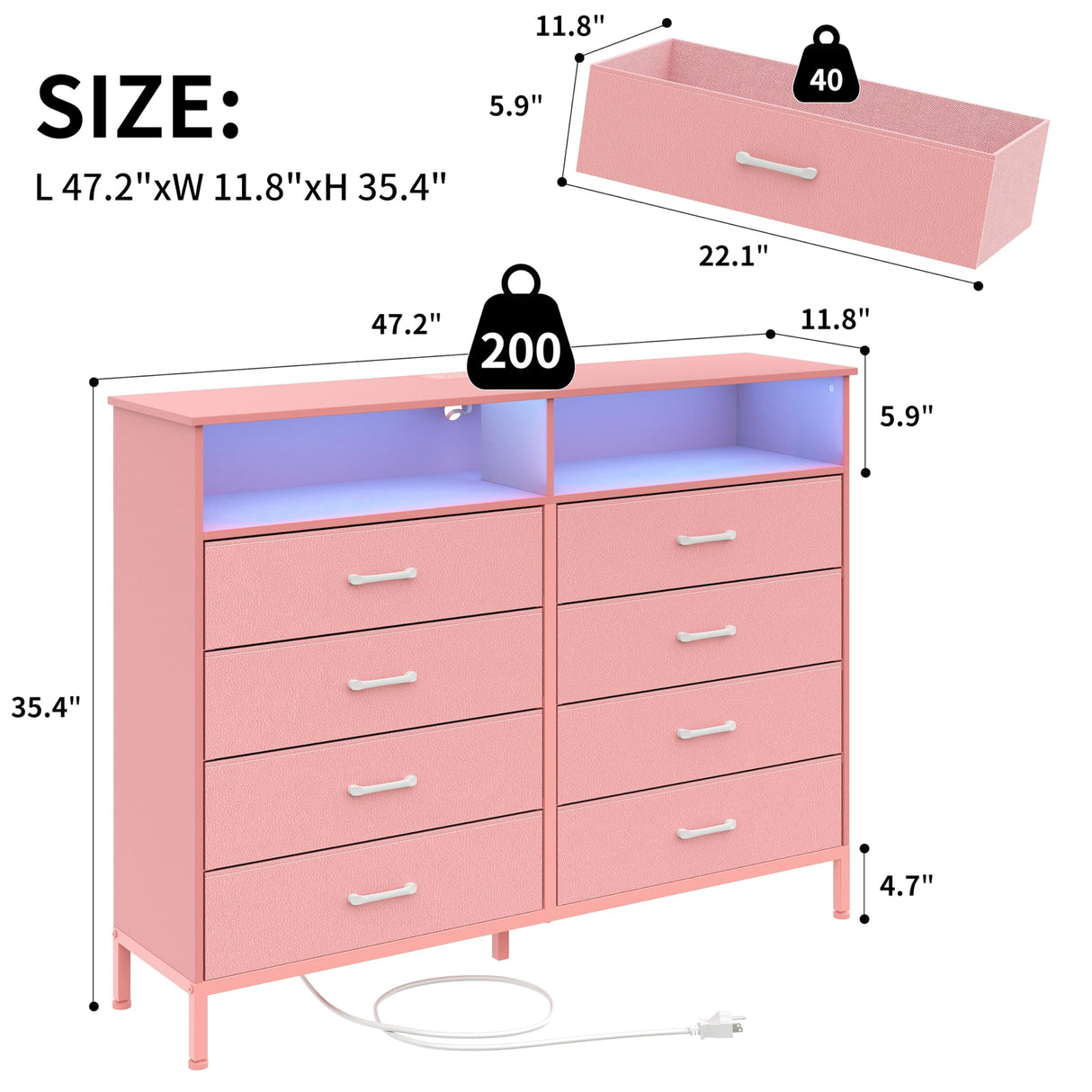 Dresser for Bedroom Pink Bedroom Dresser with LED Lights and Charging Station, 8 Long Fabric Drawers Dresser, Tall Wide Chest of Drawers Storage Organizer TV Stand for up to 60" TV for Living Room SOOWERY