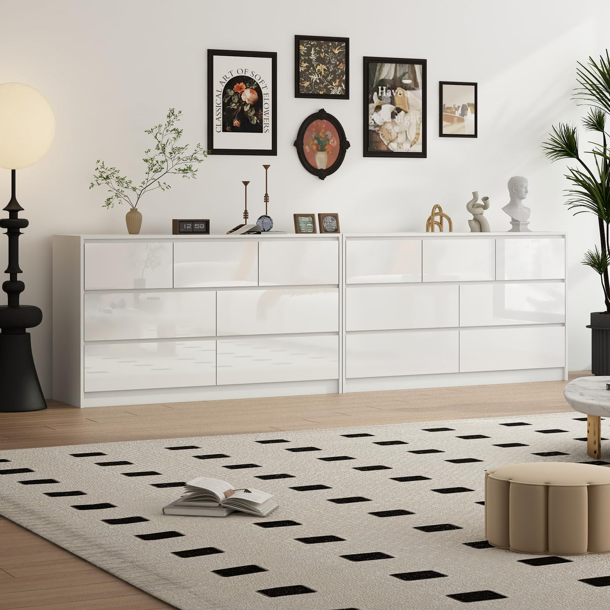 White Malm Dresser for Bedroom, 55 Inch Long Dresser High Gloss Dresser with 7 Drawers, Modern Large Wood Chest of Drawer Handle Free, Dresser for Kids Bedroom, Living Room, Entryway, Hallway, White jiteentarou