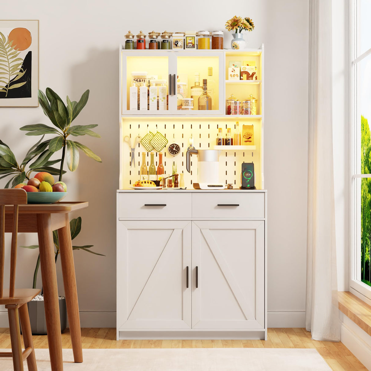 MDGC White LED Kitchen Pantry Cabinet with Charging Station, Adjustable Shelves, and Hooks for Versatile Storage MDGC