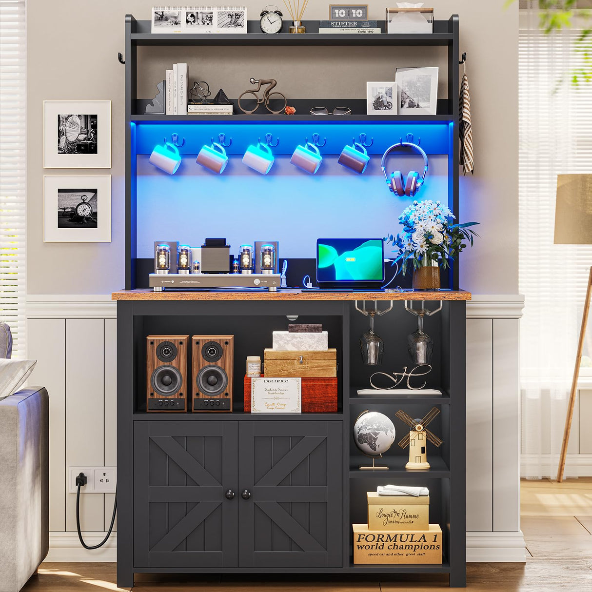 Itaar 35.4 inch Coffee Bar Cabinet, Bakers Rack with Power Outlet and Storage, Farmhouse Microwave Stand Kitchen Cabinet with Hutch, LED Lights, Wine Glass Holder and 8 Hooks, Black Itaar