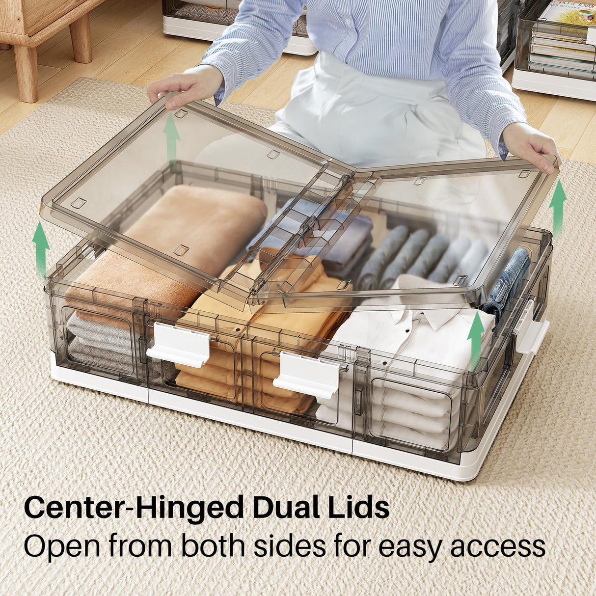 Kitstorack Clear Plastic Under Bed Storage Containers Bins with Lids and 8 Pre-installed Wheels,37.8 Qt, Rolling Foldable Flat Under Bed Organizer Boxes for Clothes Shoes Clothing Bedroom, Large Kitstorack