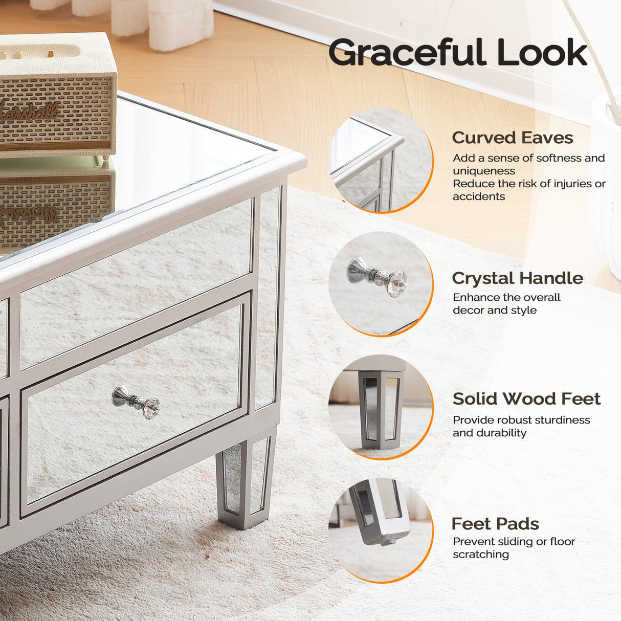 VINGLI Mirrored Lift Top Coffee Table, Assembled Modern Coffee Table with Drawers for Living Room (Silver, 35'' x 19'' x 18'') VINGLI