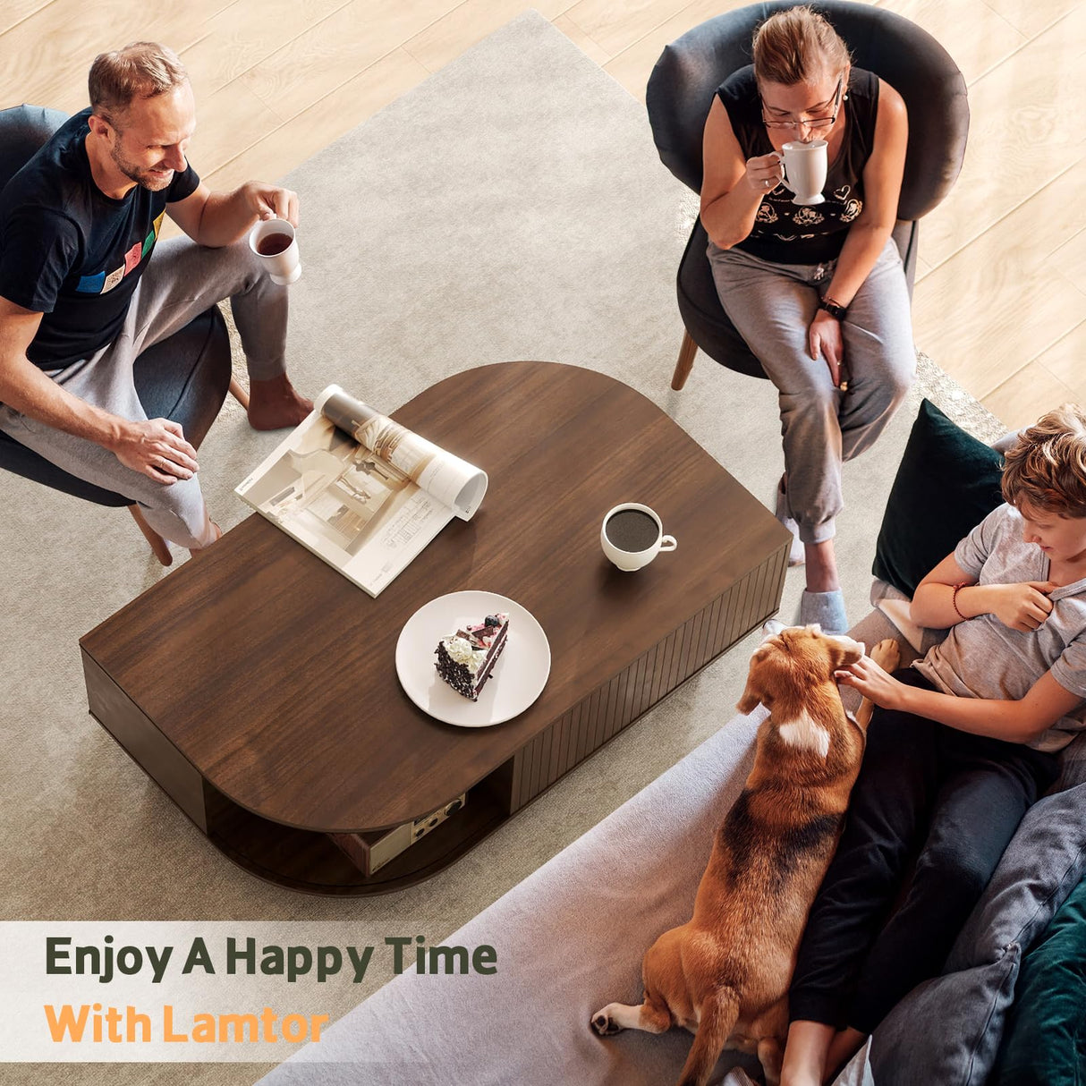 Lamtor Leaf-Shaped Fluted 39.4" Coffee Table with Storage, Mid Century Wooden Center Table, Modern Central Table with Sliding Door & Large Hidden Compartment, for Living Room Home Office, Walnut Lamtor
