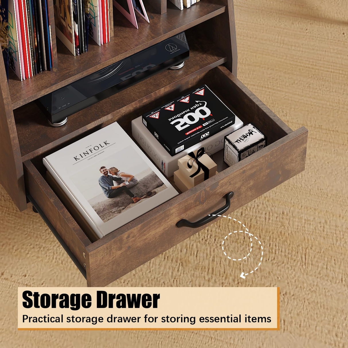 HedoAjim Large Record Player Stand with Vinyl Storage with LED Light, Turntable Stand with Drawer, Midcentury Record Player Table Holds Up to 200+ Albums, DVD Shelf for Music Room Living Room-Walnut HedoAjim