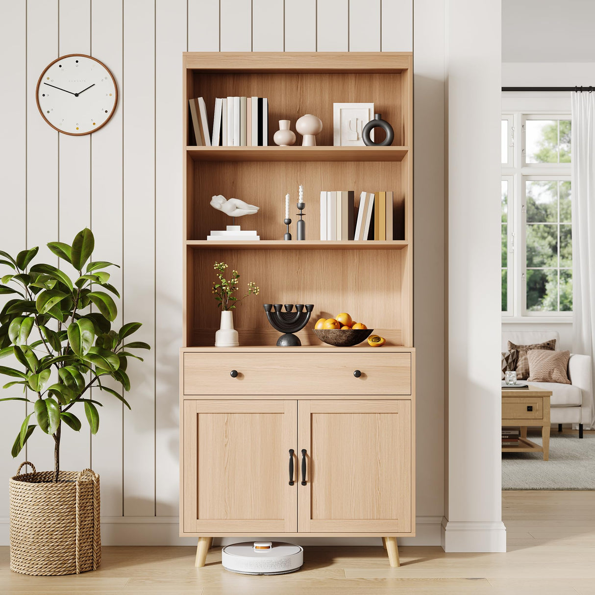 GarveeHome Tall Bookshelf with Storage Cabinet, 72.4" Wood Bookcase with Doors, Drawer & Open Shelves, Freestanding Display Bookshelves for Home Office, Living Room, Bedroom, Kitchen GarveeHome