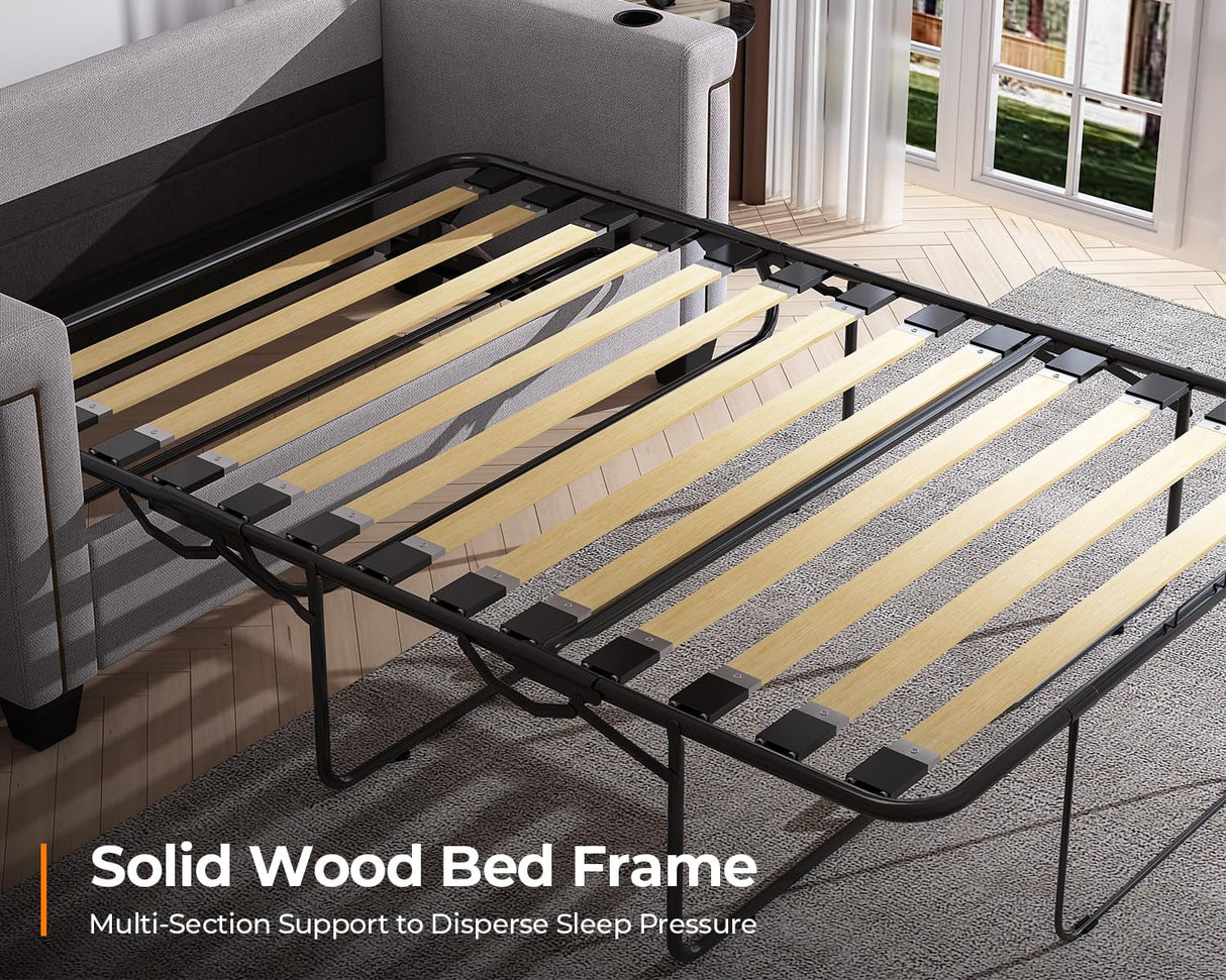 Fadware Pull Out Sofa Bed, Full Size Sleeper Sofa Couch with Memory Foam Mattress, 2 in 1 Convertible Pullout Couch Bed with USB Charging Ports for Compact Living Space, Apartment, Office, Grey Fadware