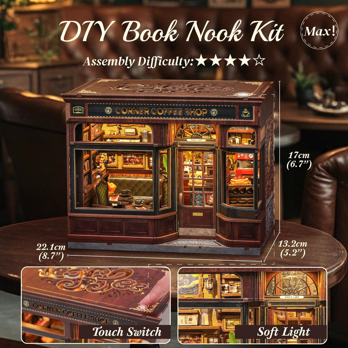 CUTEBEE Book Nook Kit - DIY Miniature House Coffee Shop Dollhouse Kit for Adults and Teens, Booknook Tiny House Bookshelf Decor 3D Wooden Puzzle, Gifts for Family, Friends (Corner Coffee Shop) CUTEBEE