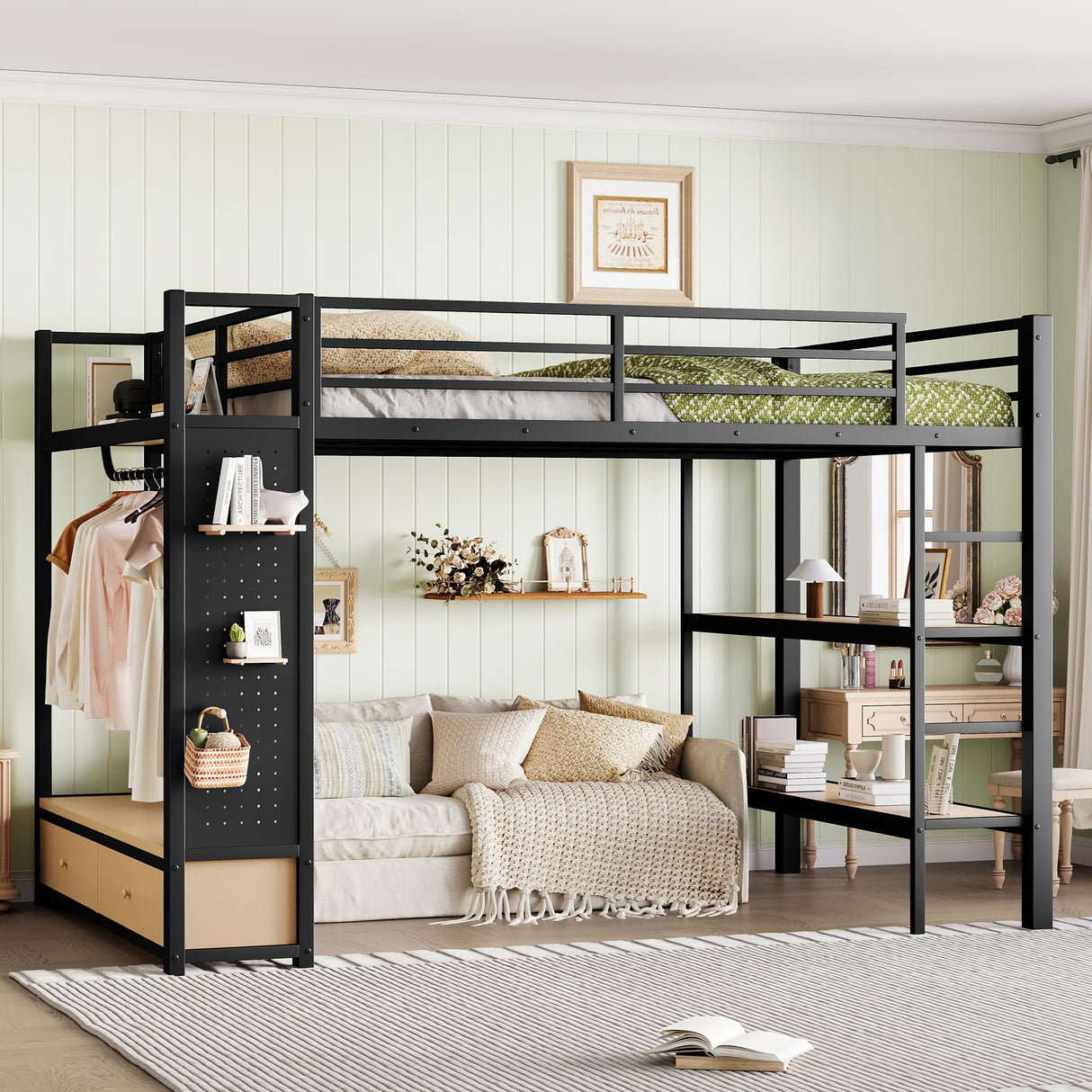 Bellemave Queen Size loft Bed with Wardrobe and Storage Shelves and Pegboard Drawers, Metal Queen Loft Bed Frame for Adults, Kids, Teens, Black Bellemave