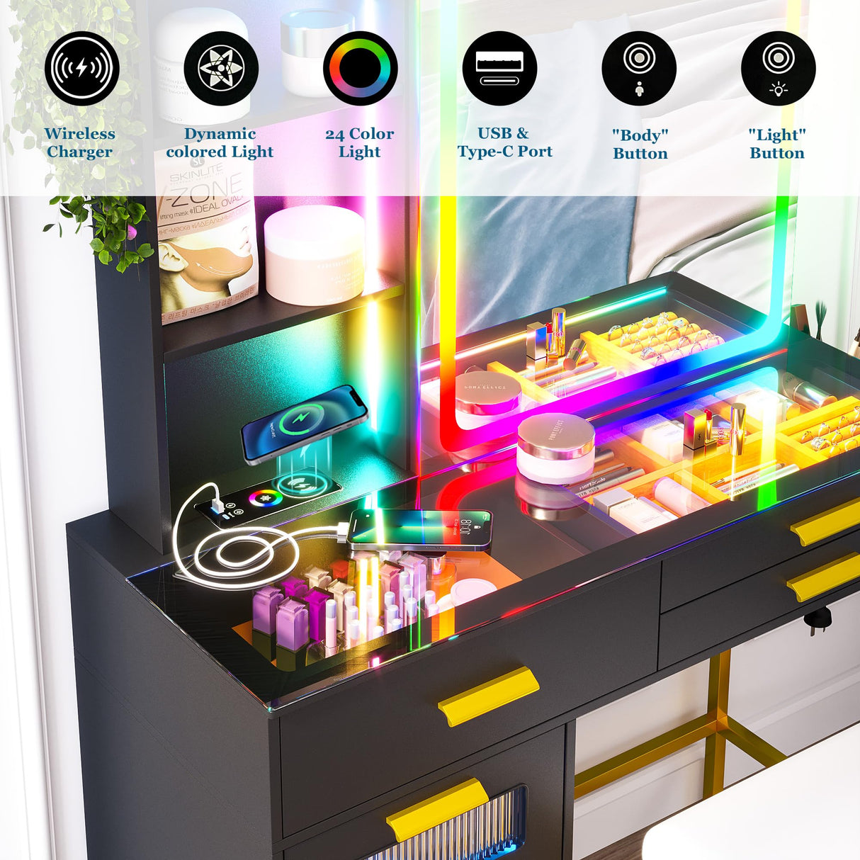 WOOVIVS RGB Vanity Desk with Sliding Mirror and Lights, LED Makeup Vanity with Charging Station/Motion Sensor Light, Glass Top Vanities Dressing Table Set with Jewelry Box,6 Drawers,Stool (Black) WOOVIVS