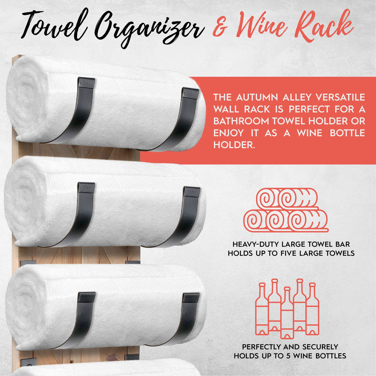 Autumn Alley Rustic Farmhouse Towel Rack for Rolled Towels – Stunning Barn Wood Farmhouse Bathroom Decor for Wall – Expertly Inlaid Wood with Matte Black Bar for Western Bathroom Decor Autumn Alley