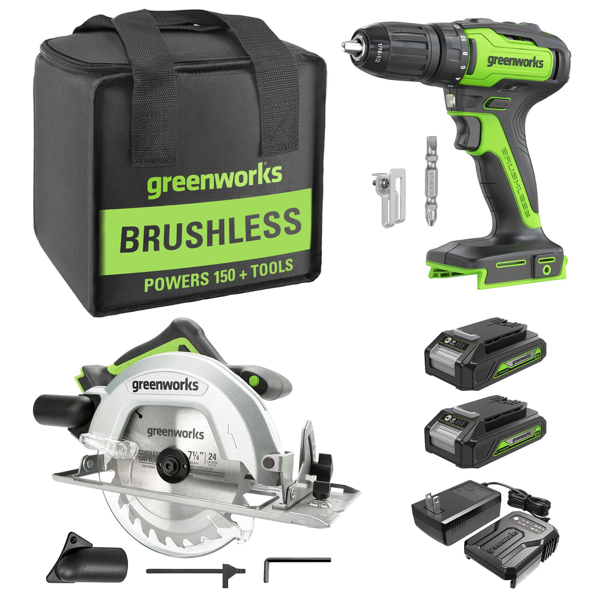 Greenworks 24V Cordless Drill & Circular Saw Combo Kit, Brushless Power Tools Set with 310 in./lbs Power Drill, 7-1/4" Circular Saw, 2×2.0Ah Batteries and Fast Charger Included Greenworks