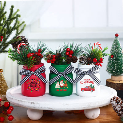Hoolerry 3 Pcs Christmas Mini Mason Jar Farmhouse Tiered Tray Decor Glass Christmas Mason Jars with Lids Xmas Table Centerpieces Decoration for Holiday Winter Home Kitchen Tray Decor
