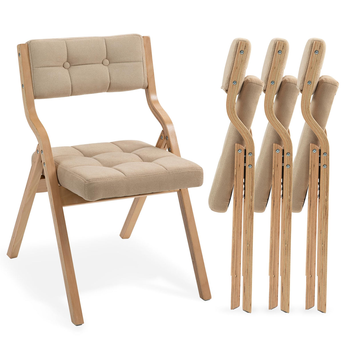 HOMEFUN Folding Chairs with Cushion, Wooden Padded Folding Chairs 4 Pack, Portable and Assembled Folding Dining Chair for Guests Kitchen Office Wedding and Party, Khaki HOMEFUN