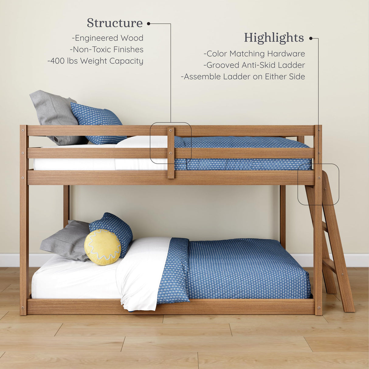 Grain & Grove Bear Twin Over Twin Bunk Bed, Low Bunk Bed Frame for Kids, Bunk with Ladder, Guardrail, and Slats, No Box Spring Required, Oak Embossed Pecan Grain & Grove