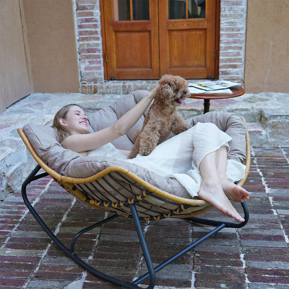 SWITTE Outdoor Rocking Chair, Patio Egg Rocking Chair, Indoor Papasan Chair, Rattan Wicker Lounge Chair, Modern Royal Chair for Bedroom, Living Room, Porch, Garden, Lawn-Beige SWITTE