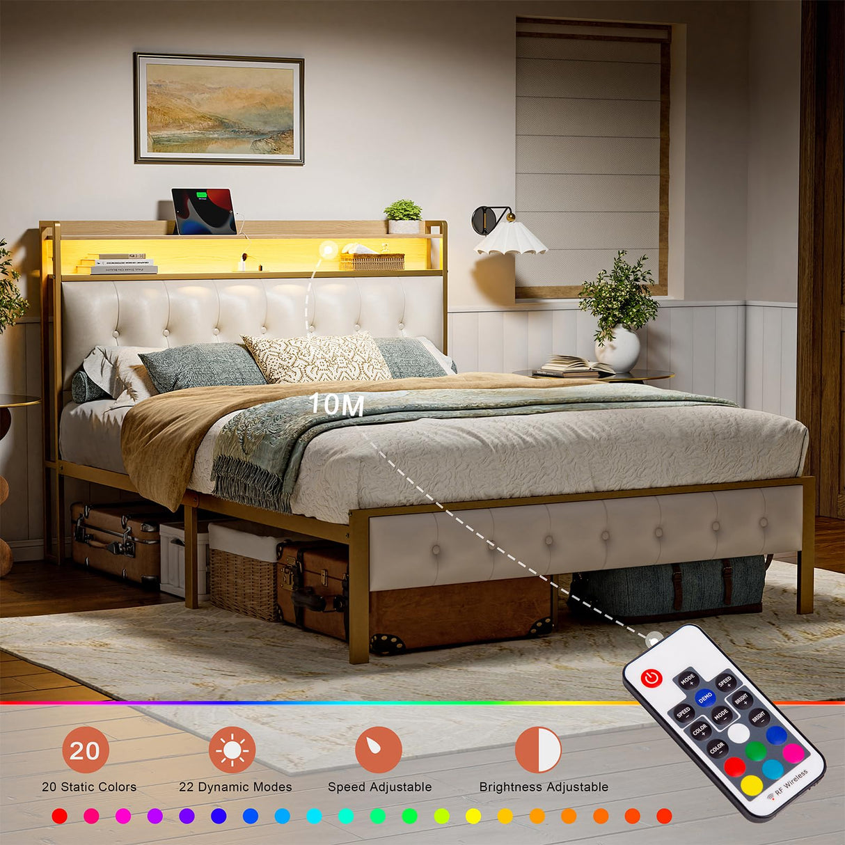 HAUSOURCE LED Bed Frame Full Size with Storage Headboard Platform Bed Frame with 2 Charging Outlets and 2 USB Ports Non-Slip Without Noise Strong Metal Slats Support No Box Spring Needed,White HAUSOURCE