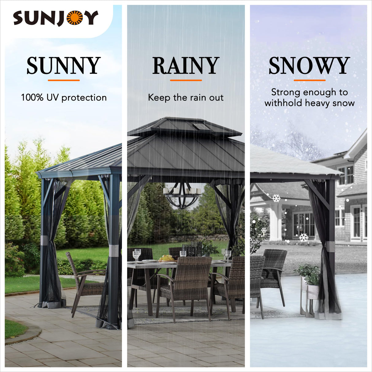 Sunjoy Hardtop Gazebo 10 x 12 ft. Outdoor Patio Aluminum Frame Gazebo with Solar Panel, 2-Tier Steel Hardtop Backyard Gazebo with Netting and Ceiling Hook, Black Sunjoy
