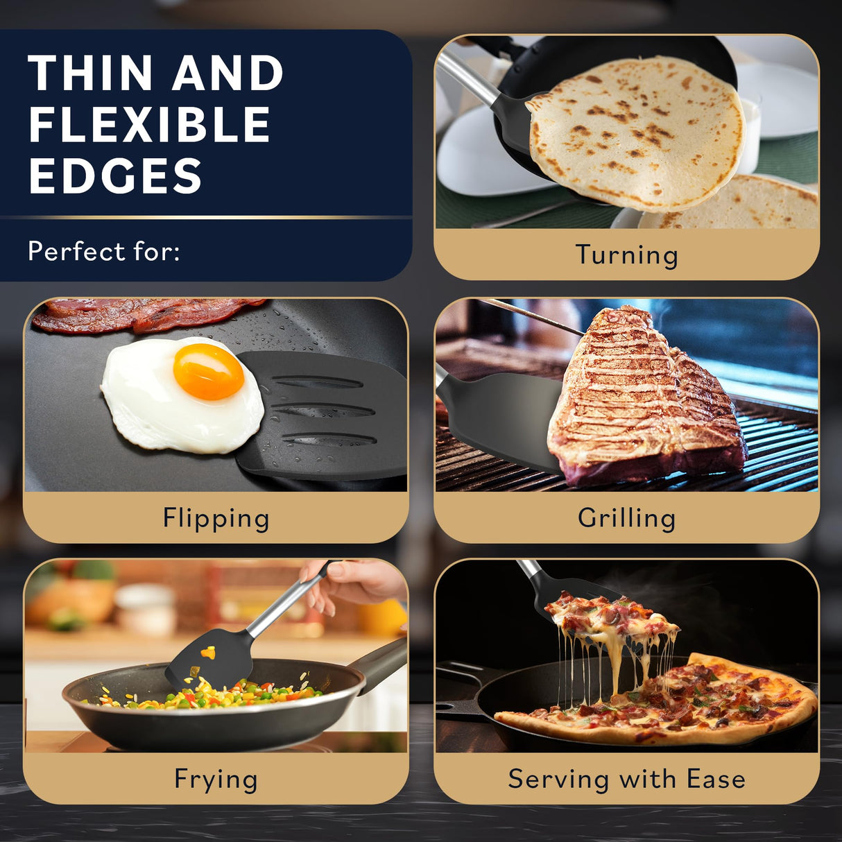 Home Hero Silicone Spatula Set with Ergonomic Handles - Stainless Steel High Heat Resistant Solid & Slotted Turner, BPA Free Non Stick Kitchen Utensils Set - Rubber Spatula (2 Pcs - Black) Home Hero