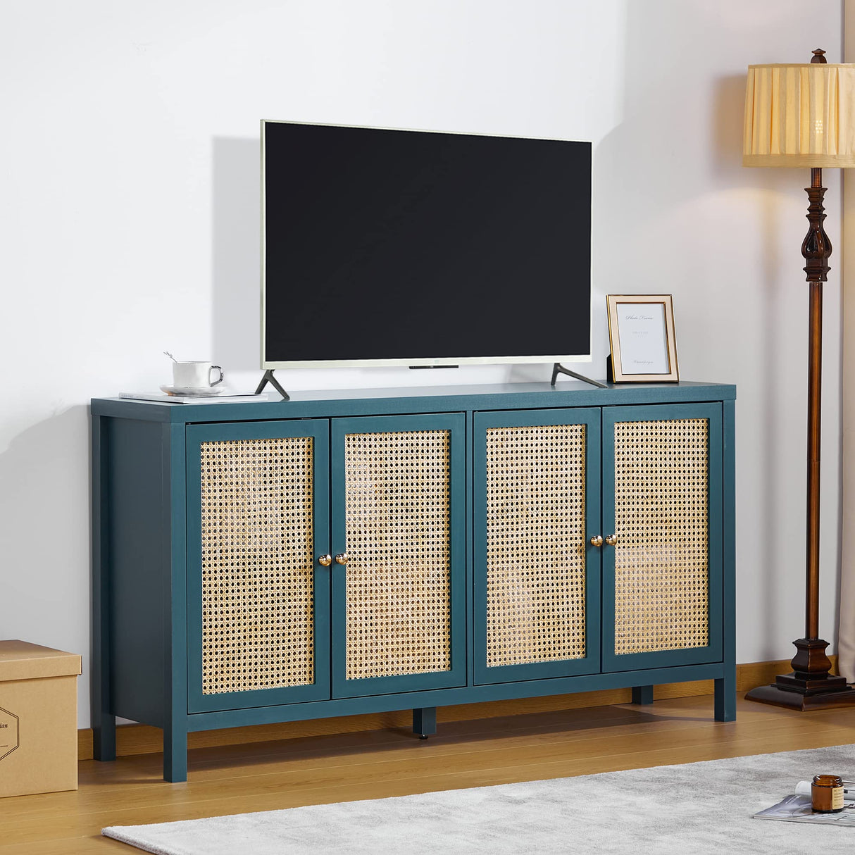 QHITTY Sideboard Buffet Cabinet, Rattan Accent Cabinet Storage Cabinet Console Table with 4 Doors and Adjustable Shelves for Kitchen, Dining Room, Living Room, Hallway (Blue) QHITTY