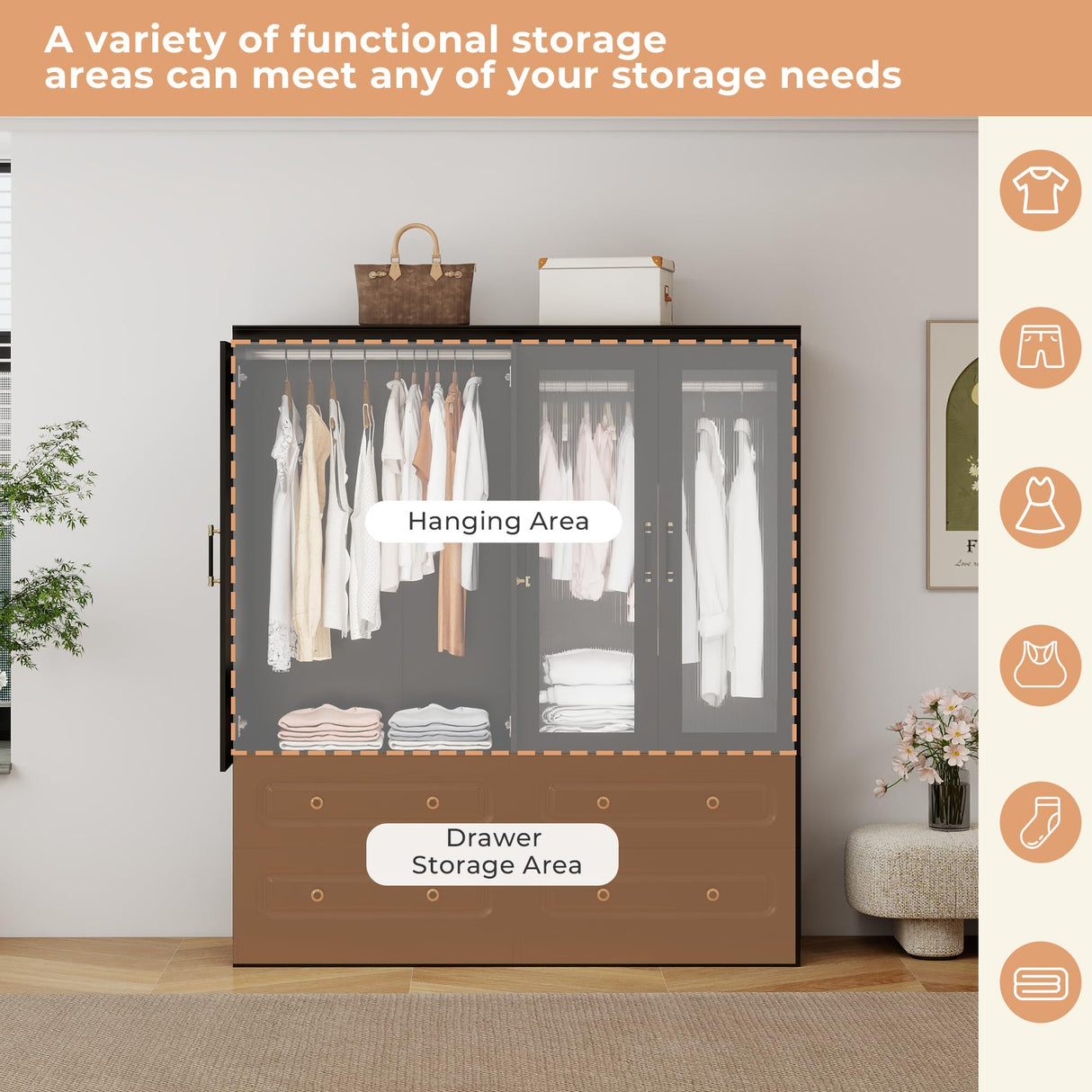 GraceGrove Armoire Wardrobe Closet with 4 Glass Doors and 4 Drawers, Armoire with Hanging Rods, Wood Armoire Closet Cabinet with Large Storage, Armoires and Wardrobes for Bedroom Black GraceGrove