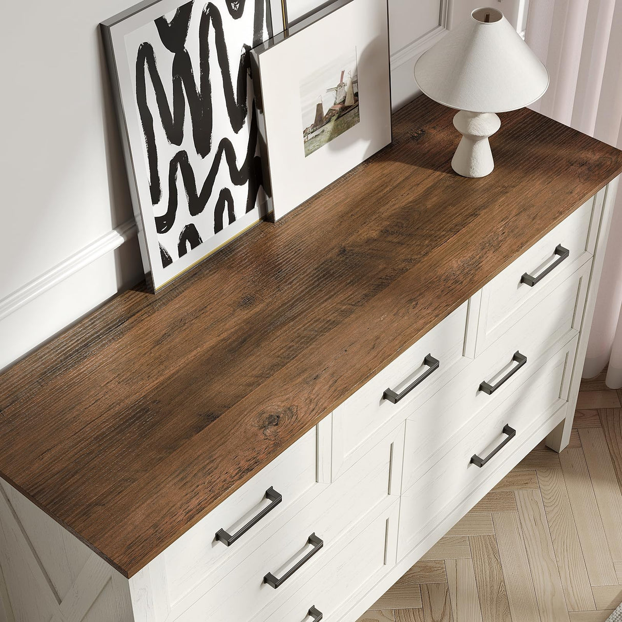 BAZELOR Farmhouse 7 Drawers Dresser for Bedroom, Modern Dresser with Metal Handle, Natural Texture, Wood Rustic Chest of Drawers for Bedroom,Living Room,Hallway and Entryway, Antique White BAZELOR