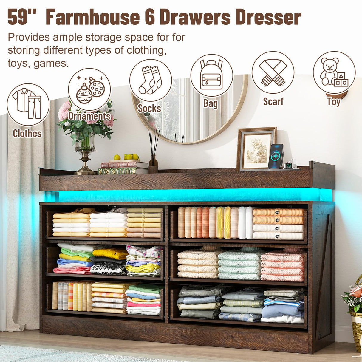 Hlivelood 59" Large Farmhouse 6 Drawers Dresser for Bedroom,Wide Wood Rustic 6 Chests of Drawers for Closet, with LED Light and Power Outlets,Tall Storage Dresser Organizer for Bedroom(Antique Brown) Hlivelood